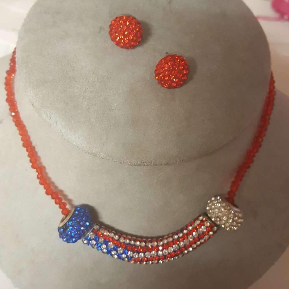 Red, White and blue necklace earring set.